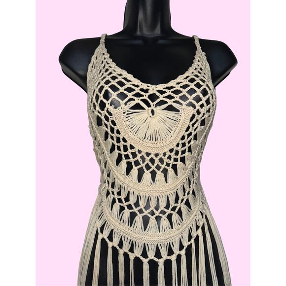 New Medium Khaki Beige Knit‎ Fringe Crochet Swimsuit Cover Up Maxi Dress Beach - Picture 3 of 5